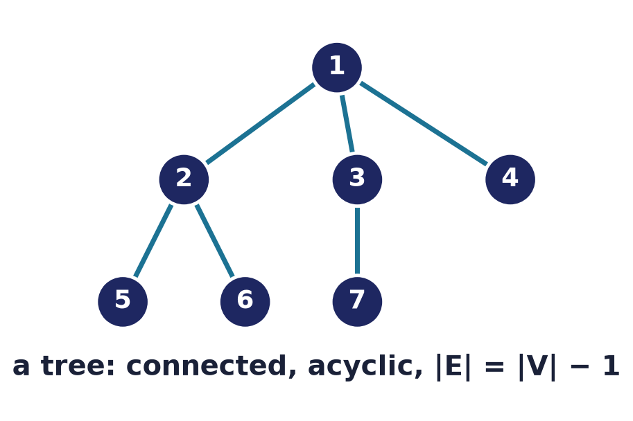 A tree on seven vertices: connected, acyclic, with |E| = |V| − 1