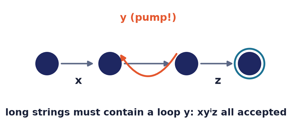 Pumping lemma: a long accepted string splits as x·y·z where the middle y is a loop that can be repeated, so xyⁱz is accepted for every i